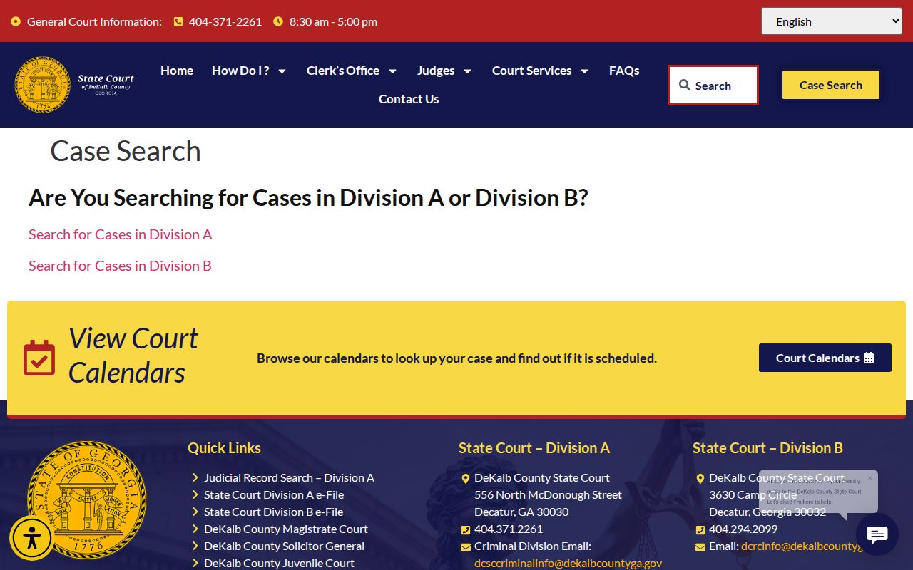 DeKalb State Court Division A and Division B case search choices