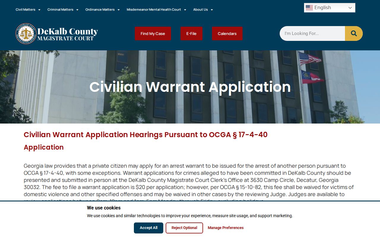 DeKalb Magistrate Court civilian warrant application requirements and review hours