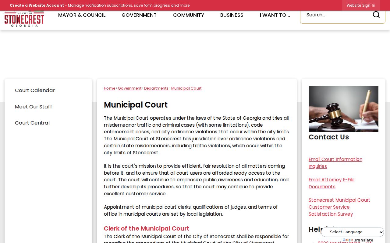Stonecrest Municipal Court jurisdiction and warrant processing page