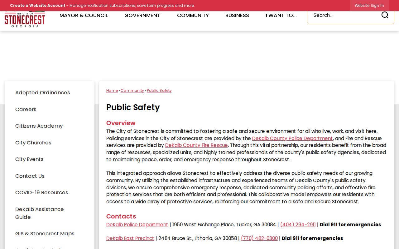 Stonecrest public safety page describing DeKalb County Police service
