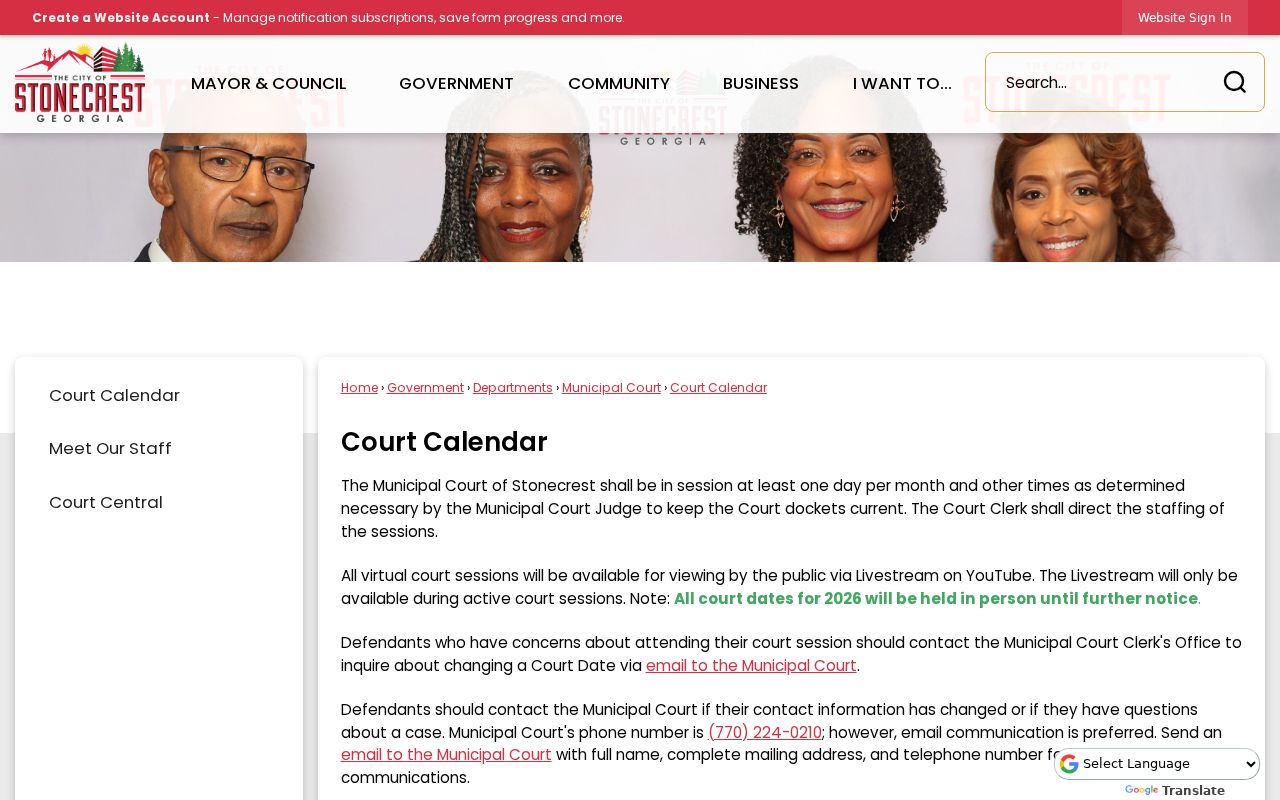 Stonecrest court calendar and failure-to-appear instructions