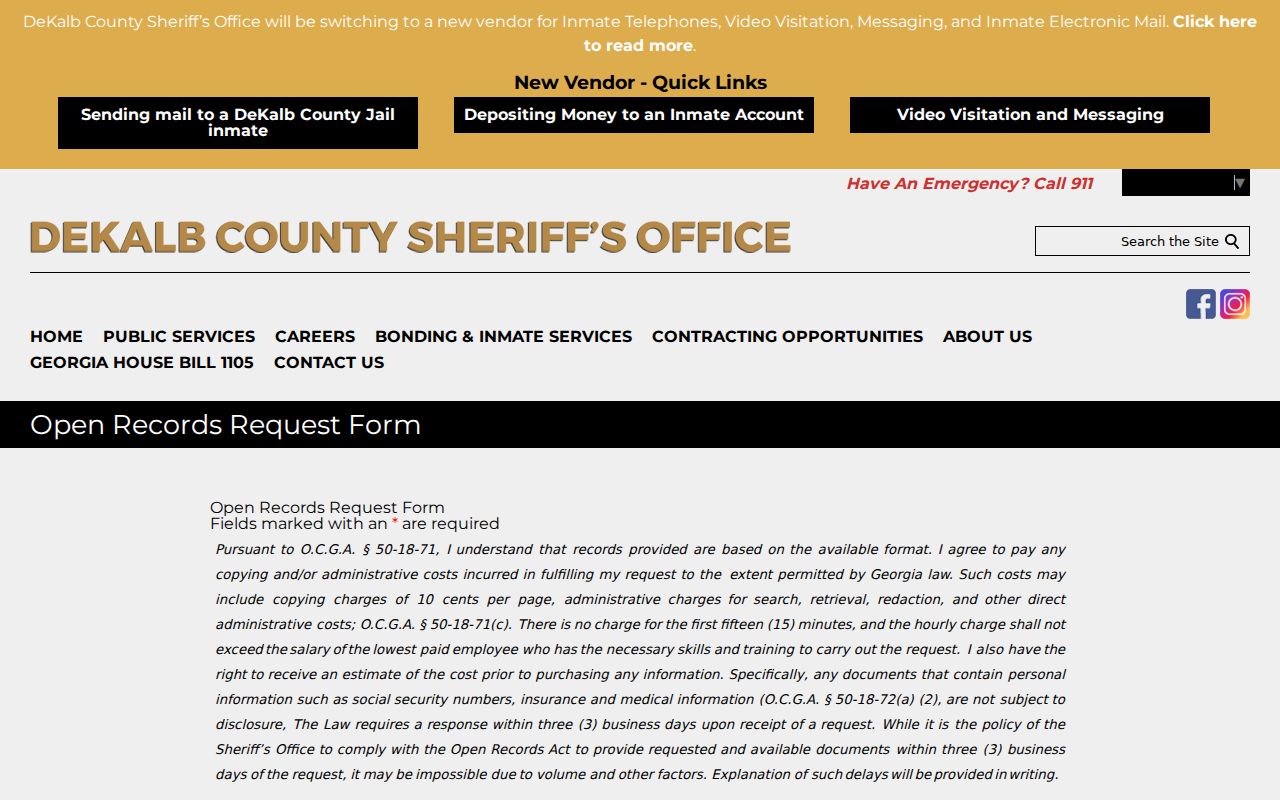 Official DeKalb Sheriff open records request form entry